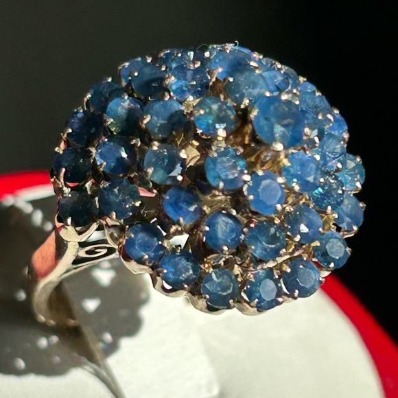 Sold-14K Yellow Gold Spiral Cluster Cocktail Natural Round Shape Blue Sapphire - Picture 3 of 17